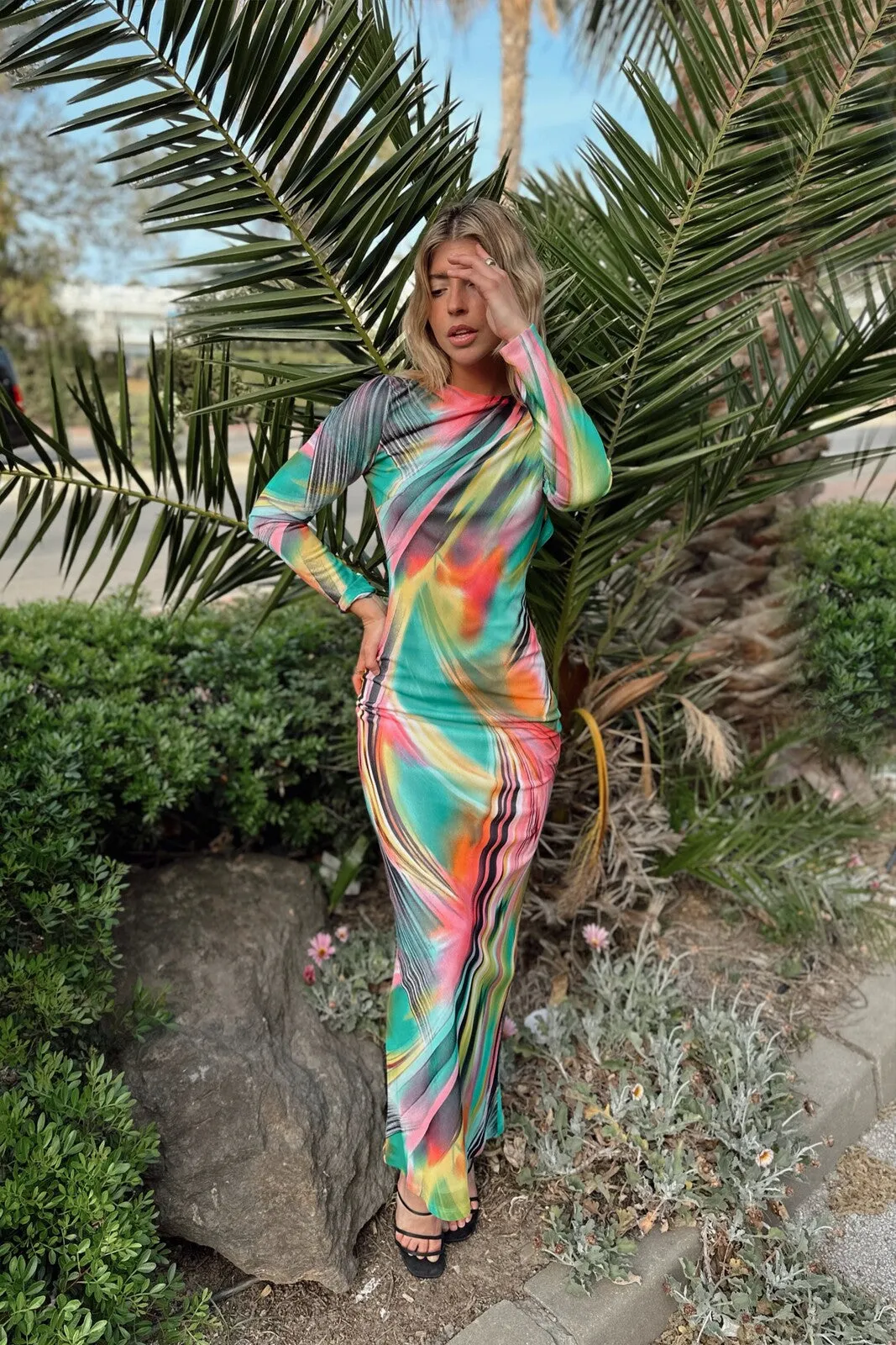 VESTIDO TULE MULTICOLOR MANGA COMPRIDA