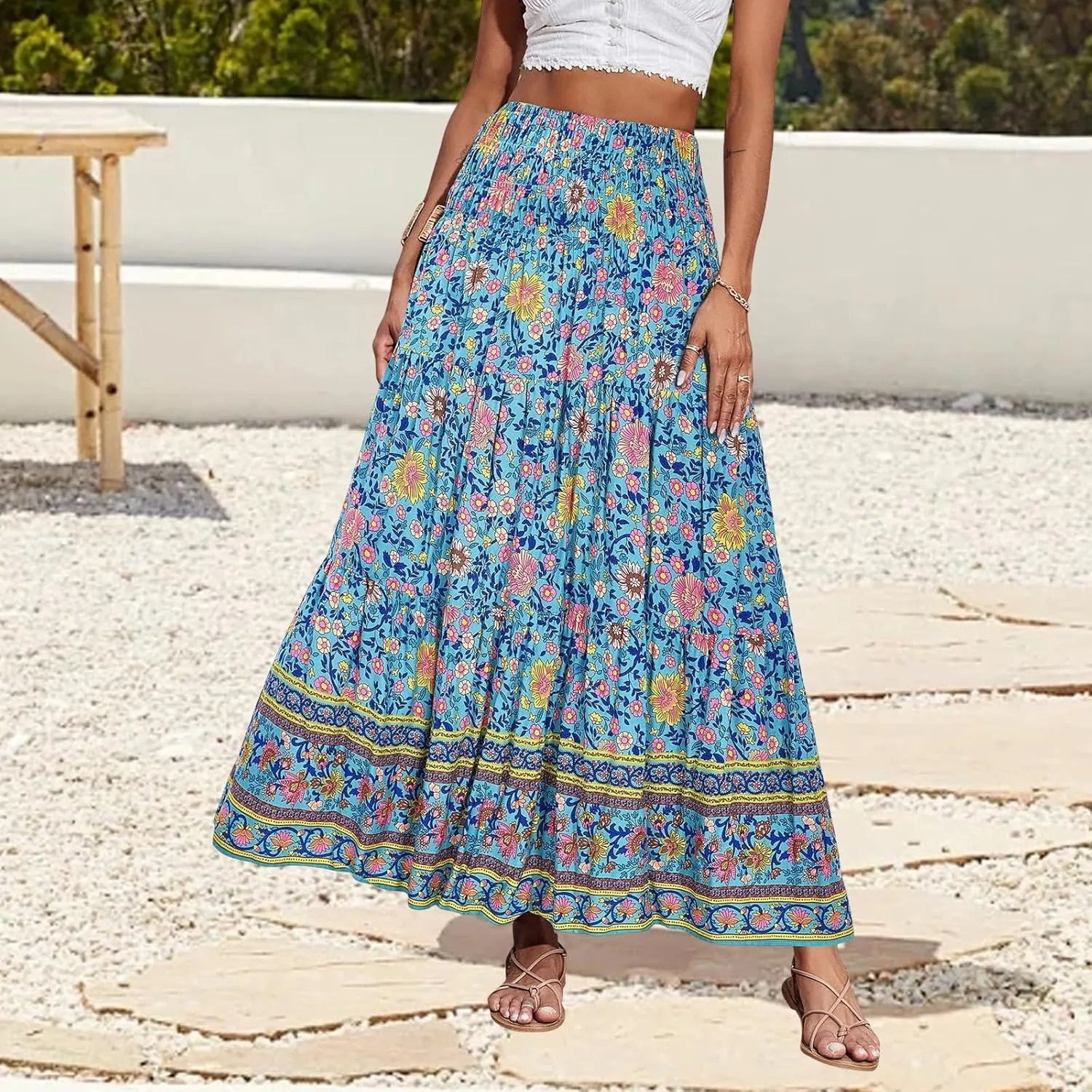 Women Boho Maxi Skirts Flowy Floral Elastic High Waist Long Skirts Summer Bohemian A-Line Pleated Casual Beach Skirt
