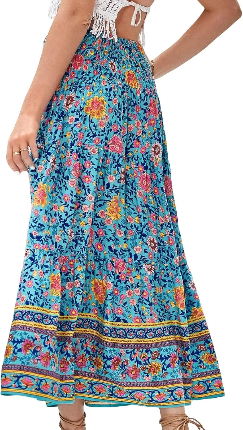 Women Boho Maxi Skirts Flowy Floral Elastic High Waist Long Skirts Summer Bohemian A-Line Pleated Casual Beach Skirt