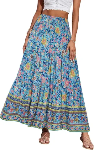 Women Boho Maxi Skirts Flowy Floral Elastic High Waist Long Skirts Summer Bohemian A-Line Pleated Casual Beach Skirt