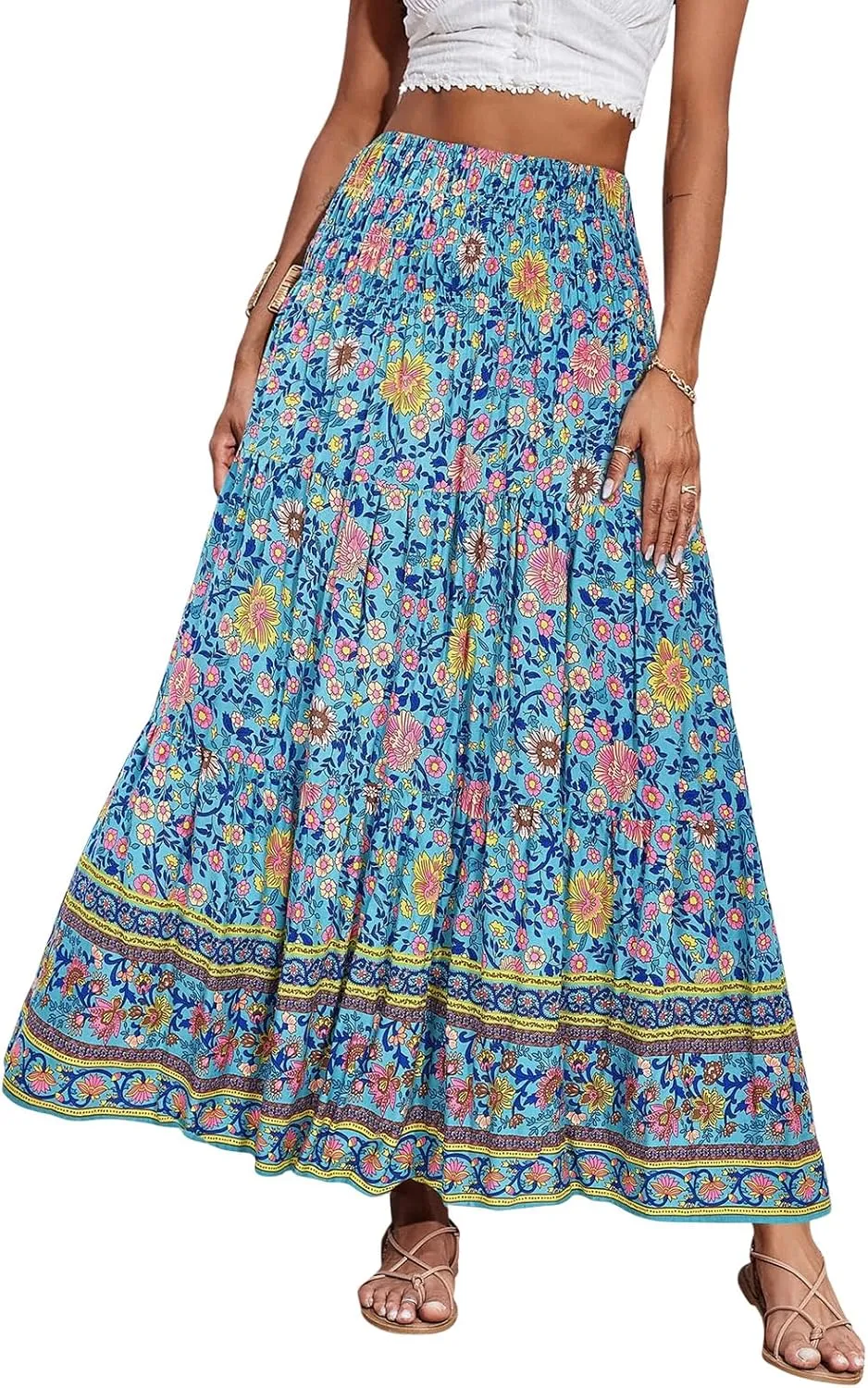 Women Boho Maxi Skirts Flowy Floral Elastic High Waist Long Skirts Summer Bohemian A-Line Pleated Casual Beach Skirt