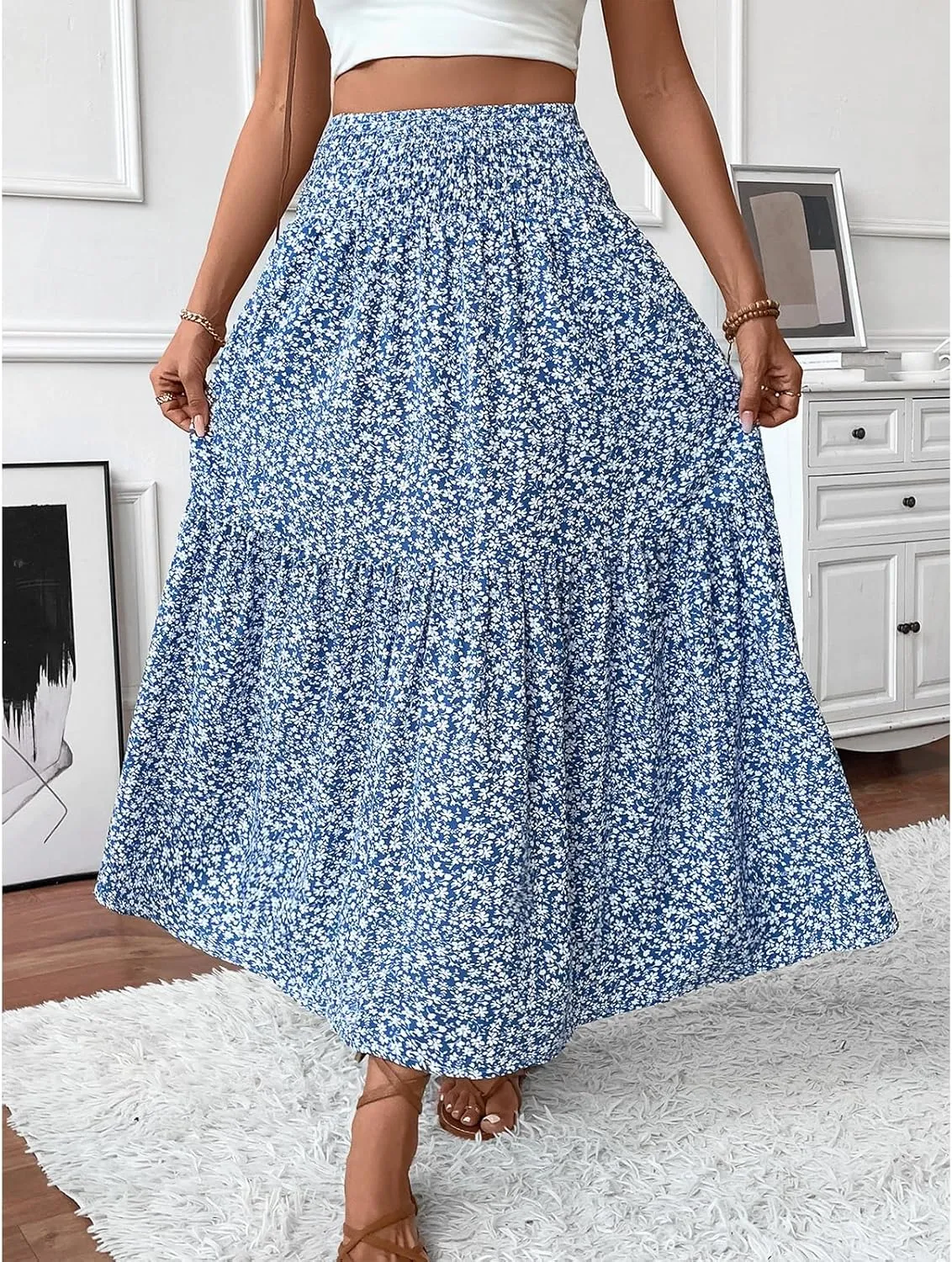 Women Flowy Long Skirts Pleated Elastic High Waisted Floral Maxi Skirts Summer Casual Boho Ruffle A-Line Beach Outfits