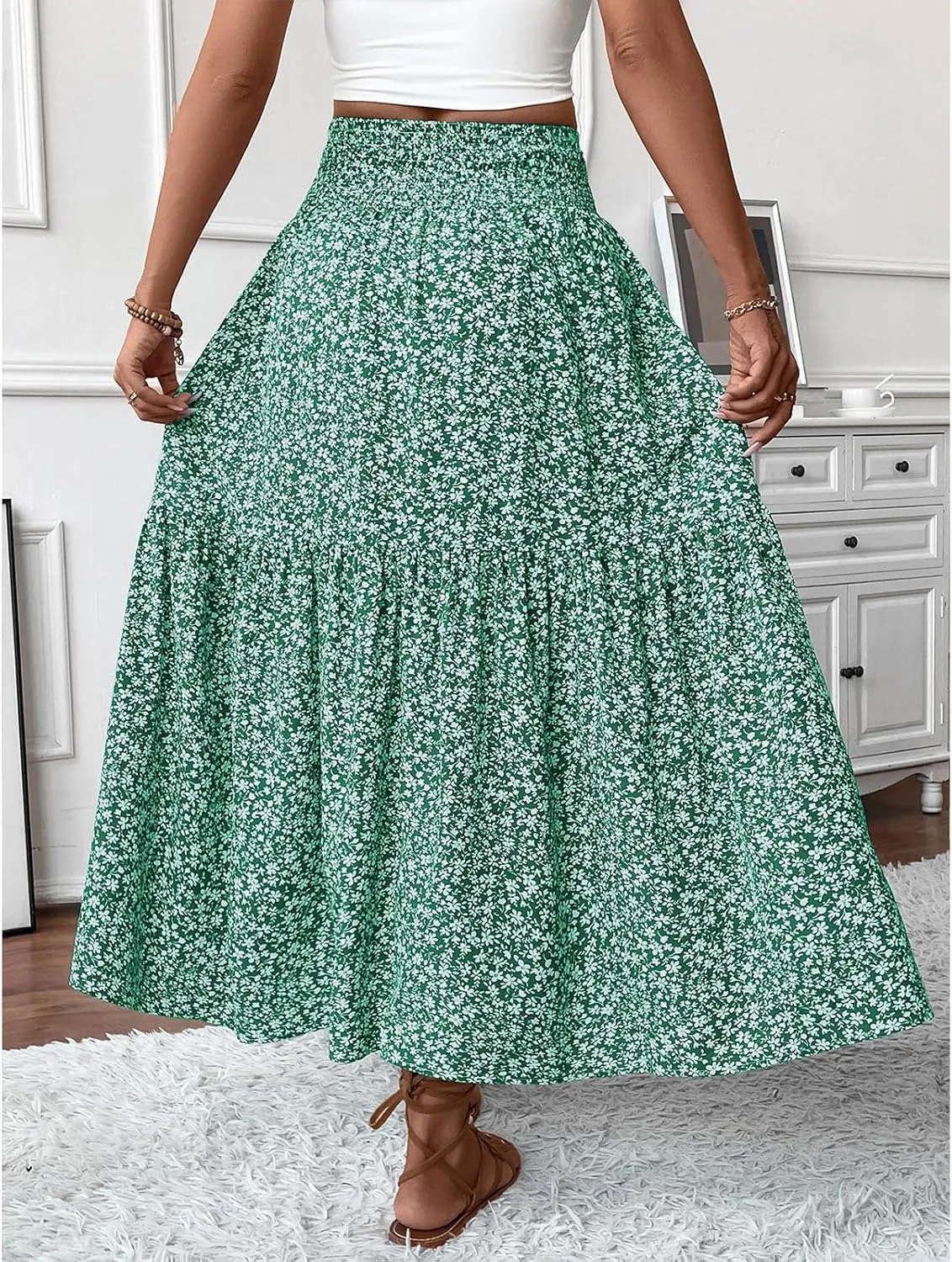 Women Flowy Long Skirts Pleated Elastic High Waisted Floral Maxi Skirts Summer Casual Boho Ruffle A-Line Beach Outfits