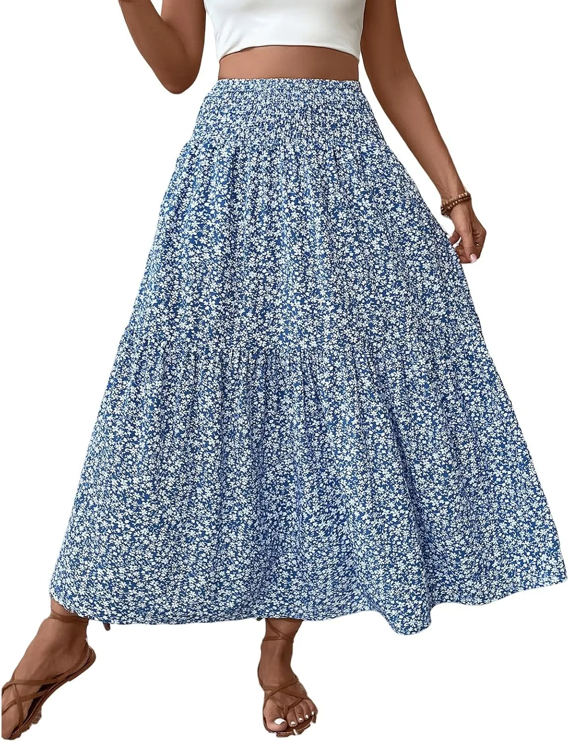 Women Flowy Long Skirts Pleated Elastic High Waisted Floral Maxi Skirts Summer Casual Boho Ruffle A-Line Beach Outfits