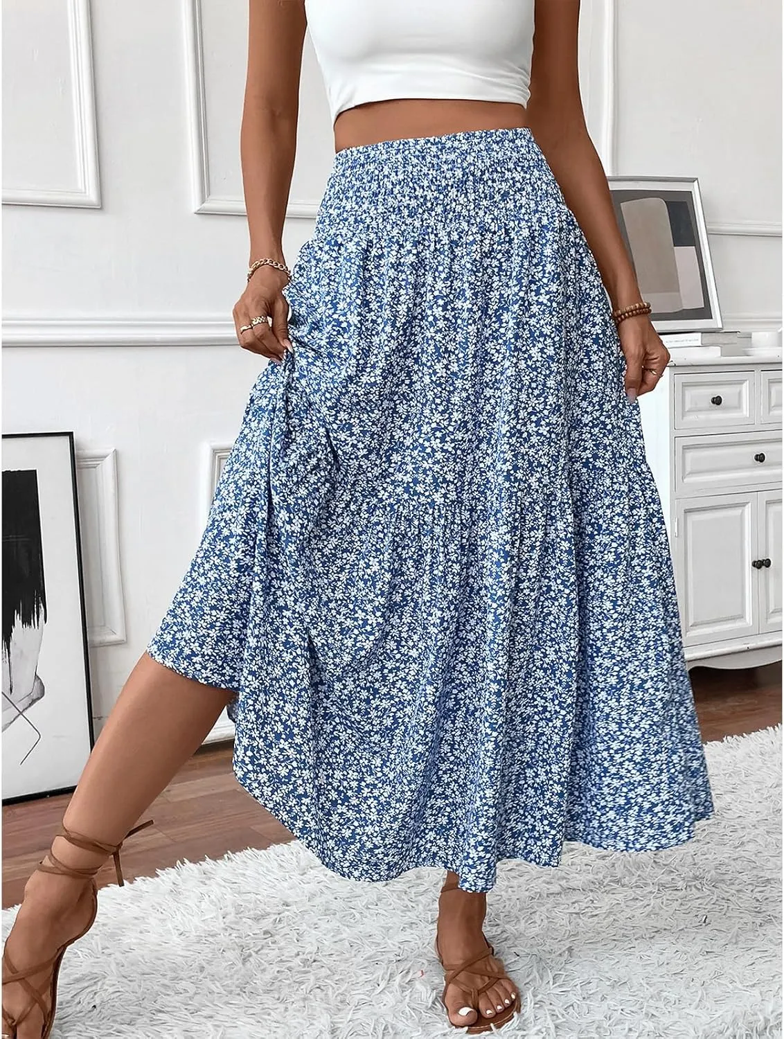 Women Flowy Long Skirts Pleated Elastic High Waisted Floral Maxi Skirts Summer Casual Boho Ruffle A-Line Beach Outfits