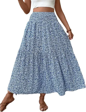 Women Flowy Long Skirts Pleated Elastic High Waisted Floral Maxi Skirts Summer Casual Boho Ruffle A-Line Beach Outfits