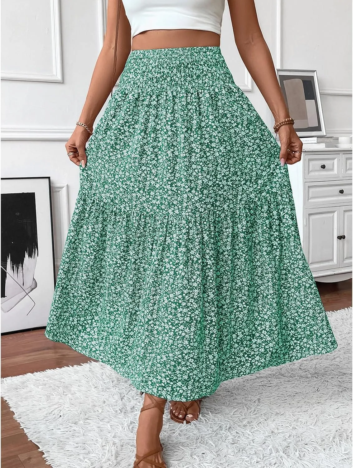 Women Flowy Long Skirts Pleated Elastic High Waisted Floral Maxi Skirts Summer Casual Boho Ruffle A-Line Beach Outfits