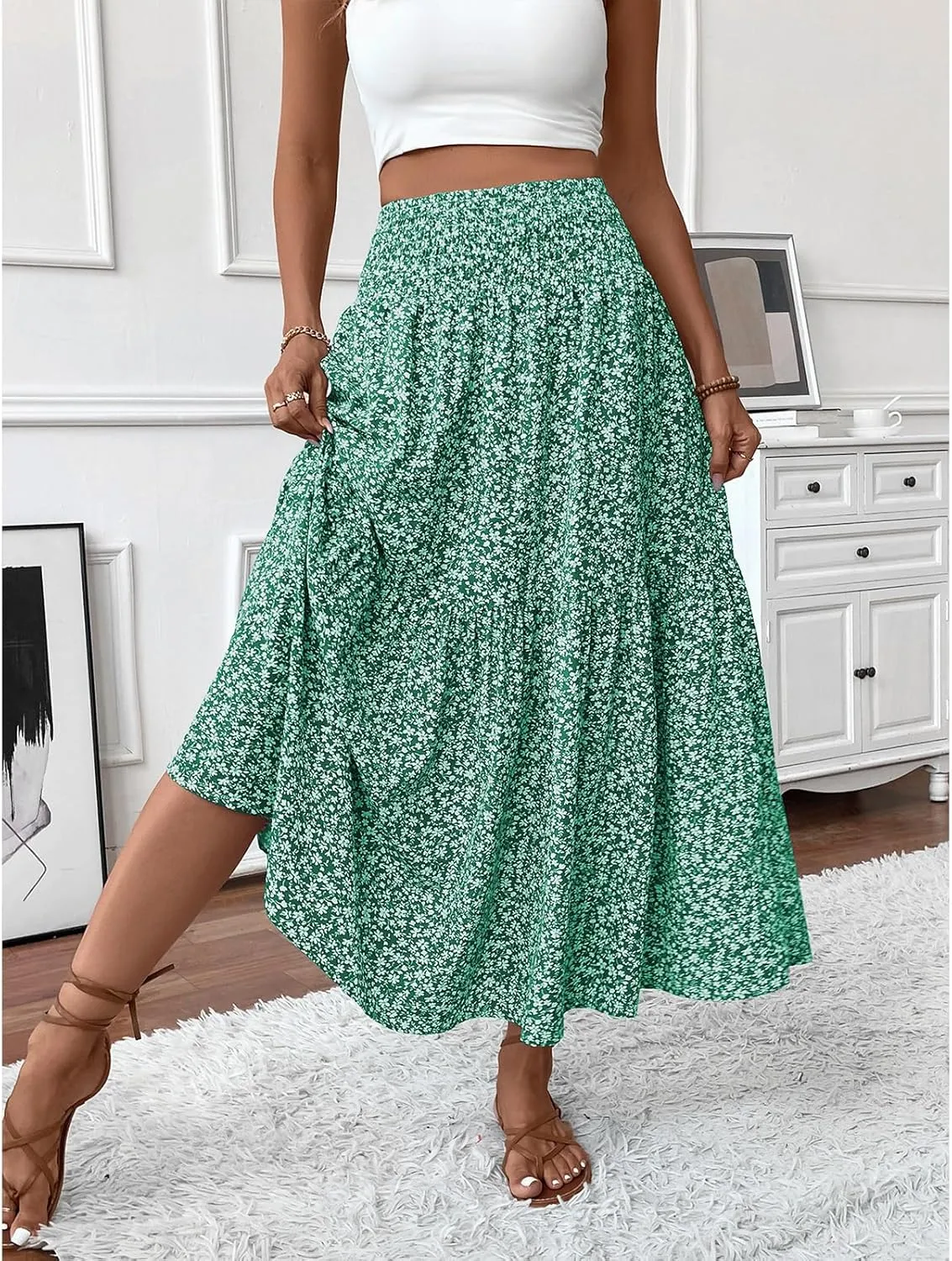 Women Flowy Long Skirts Pleated Elastic High Waisted Floral Maxi Skirts Summer Casual Boho Ruffle A-Line Beach Outfits