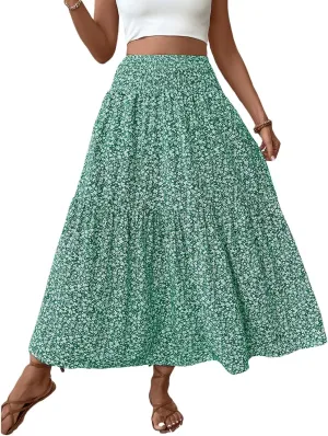 Women Flowy Long Skirts Pleated Elastic High Waisted Floral Maxi Skirts Summer Casual Boho Ruffle A-Line Beach Outfits