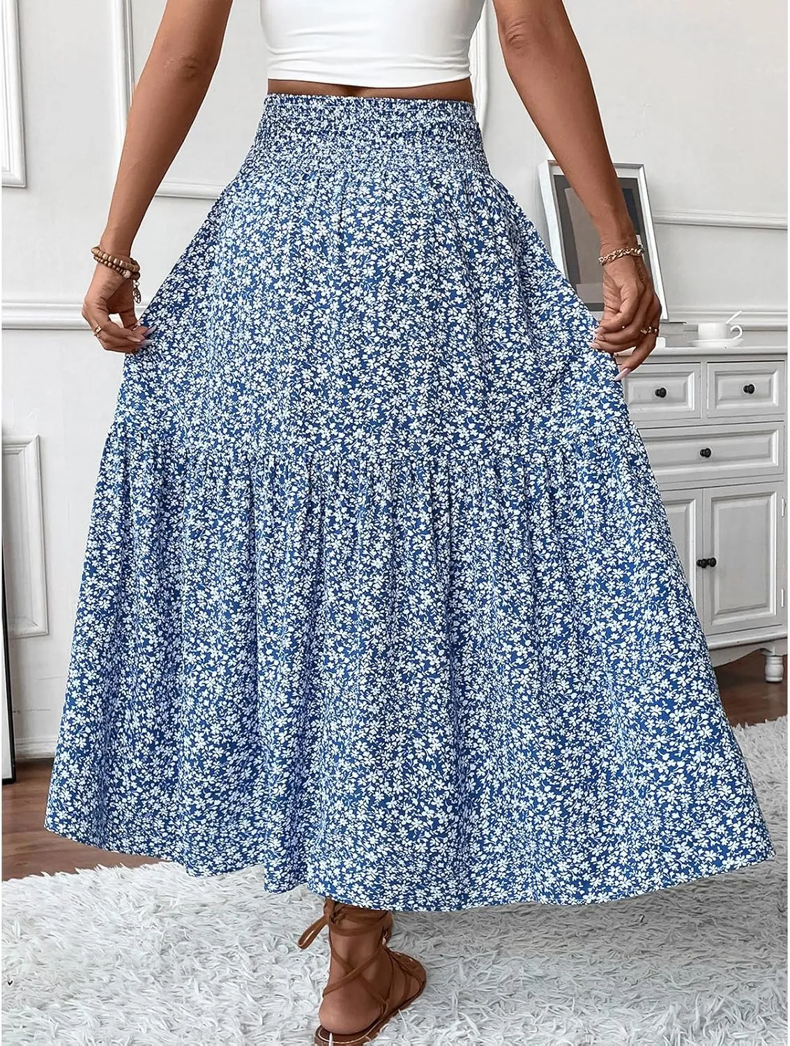Women Flowy Long Skirts Pleated Elastic High Waisted Floral Maxi Skirts Summer Casual Boho Ruffle A-Line Beach Outfits