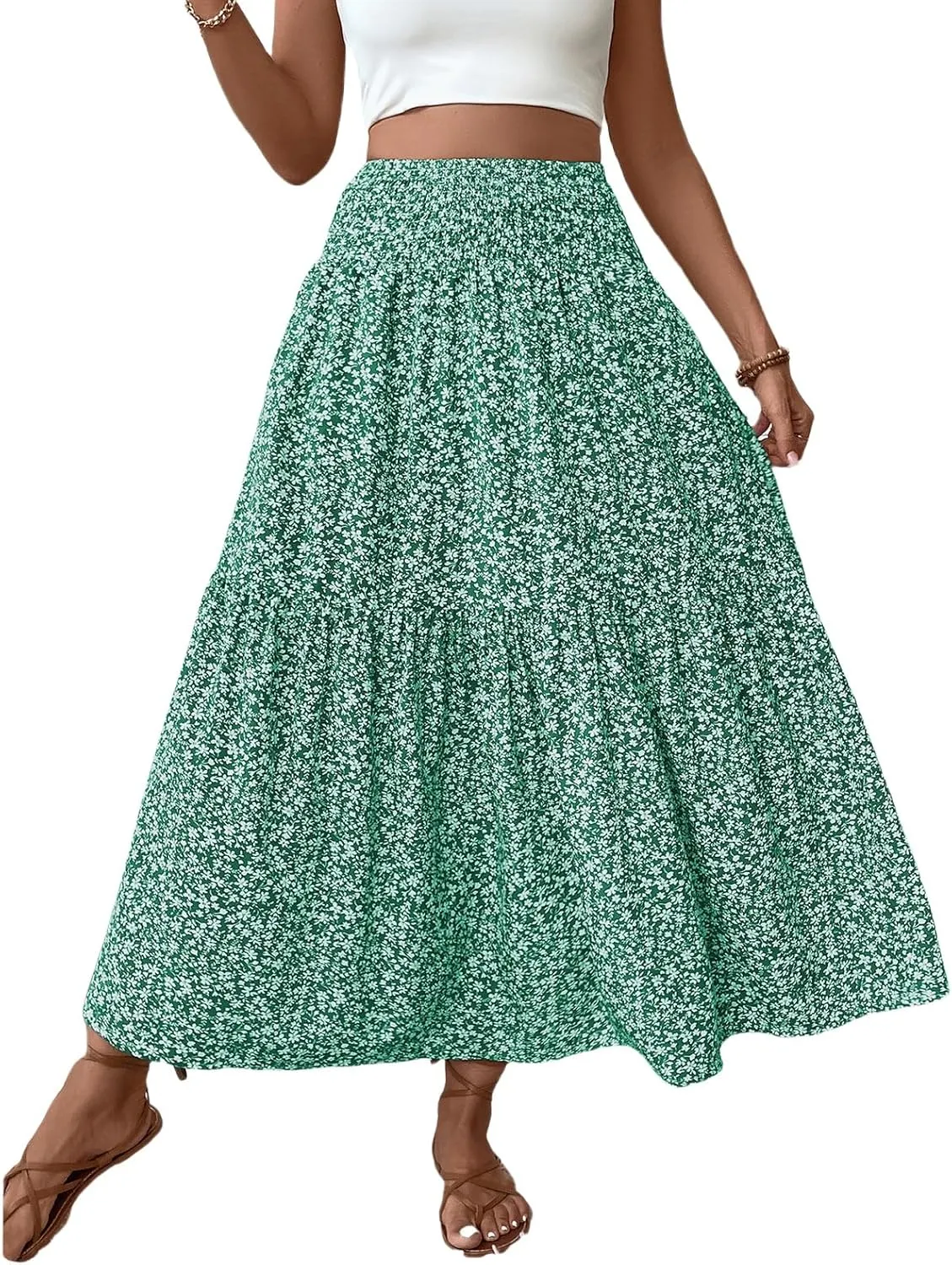 Women Flowy Long Skirts Pleated Elastic High Waisted Floral Maxi Skirts Summer Casual Boho Ruffle A-Line Beach Outfits
