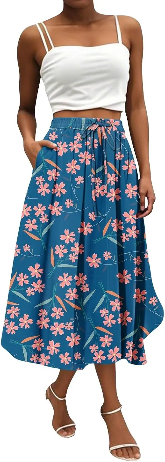 Women's Boho Outfits 2025 Bohemian Long Skirts Flowy High Waist A Line Summer Pleated Skirts, S-2XL