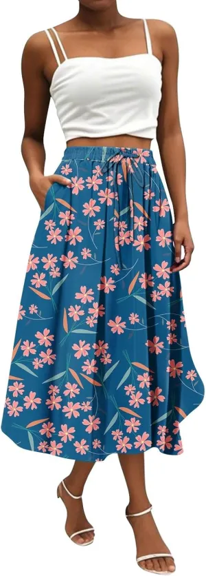 Women's Boho Outfits 2025 Bohemian Long Skirts Flowy High Waist A Line Summer Pleated Skirts, S-2XL