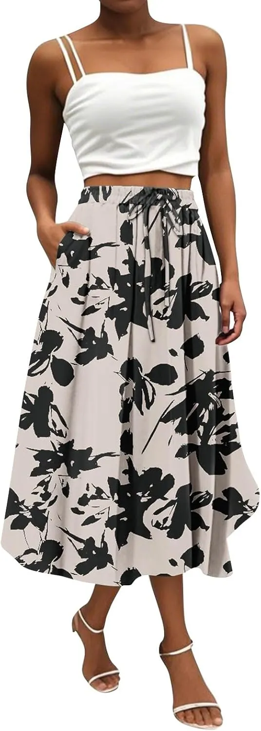 Women's Boho Outfits 2025 Bohemian Long Skirts Flowy High Waist A Line Summer Pleated Skirts, S-2XL