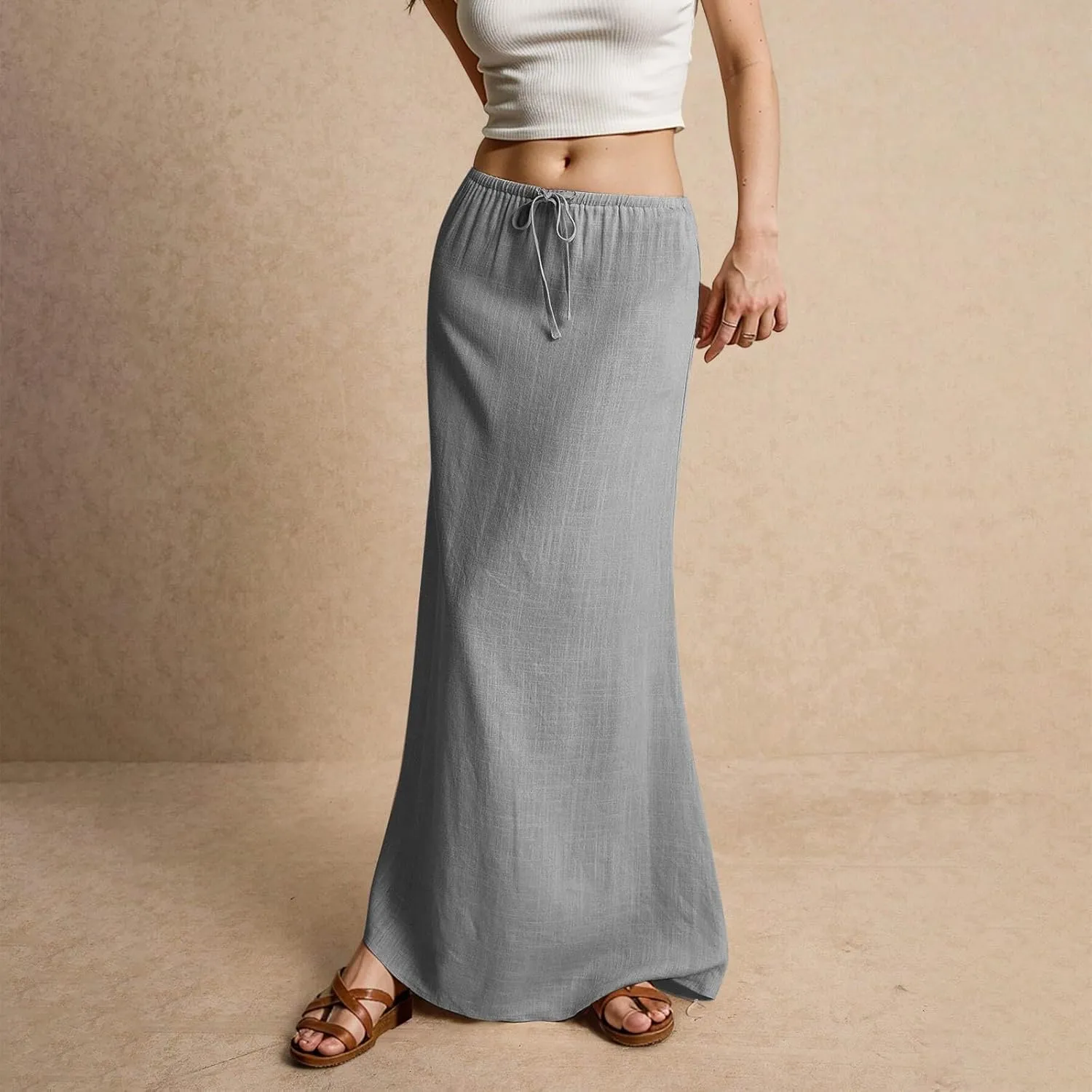 Women's Boho Skirts Linen Flared Maxi Skirt with Back Slit-Elastic Waist Drawstring Long Flowy Skirt, S-2XL