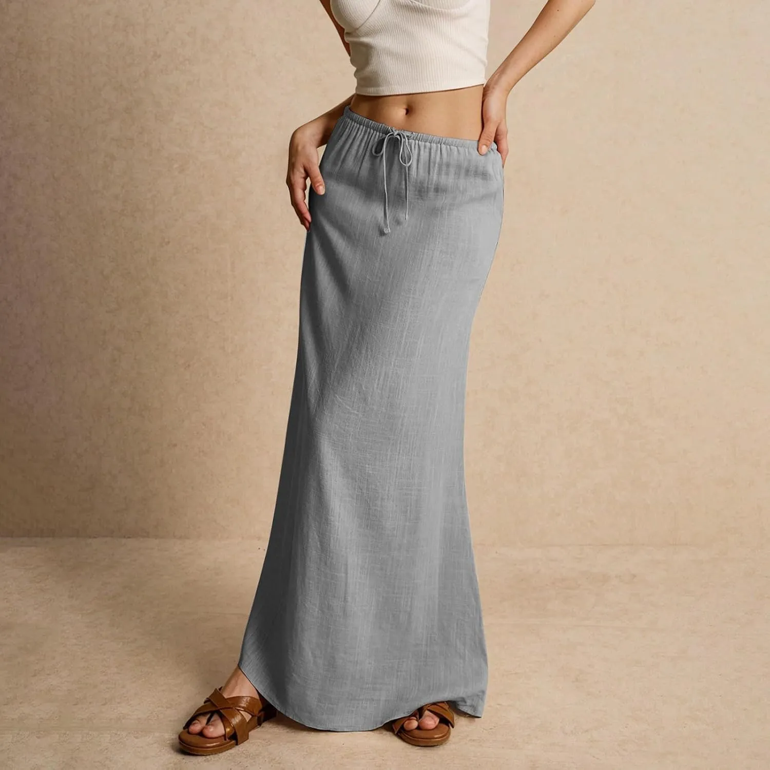 Women's Boho Skirts Linen Flared Maxi Skirt with Back Slit-Elastic Waist Drawstring Long Flowy Skirt, S-2XL