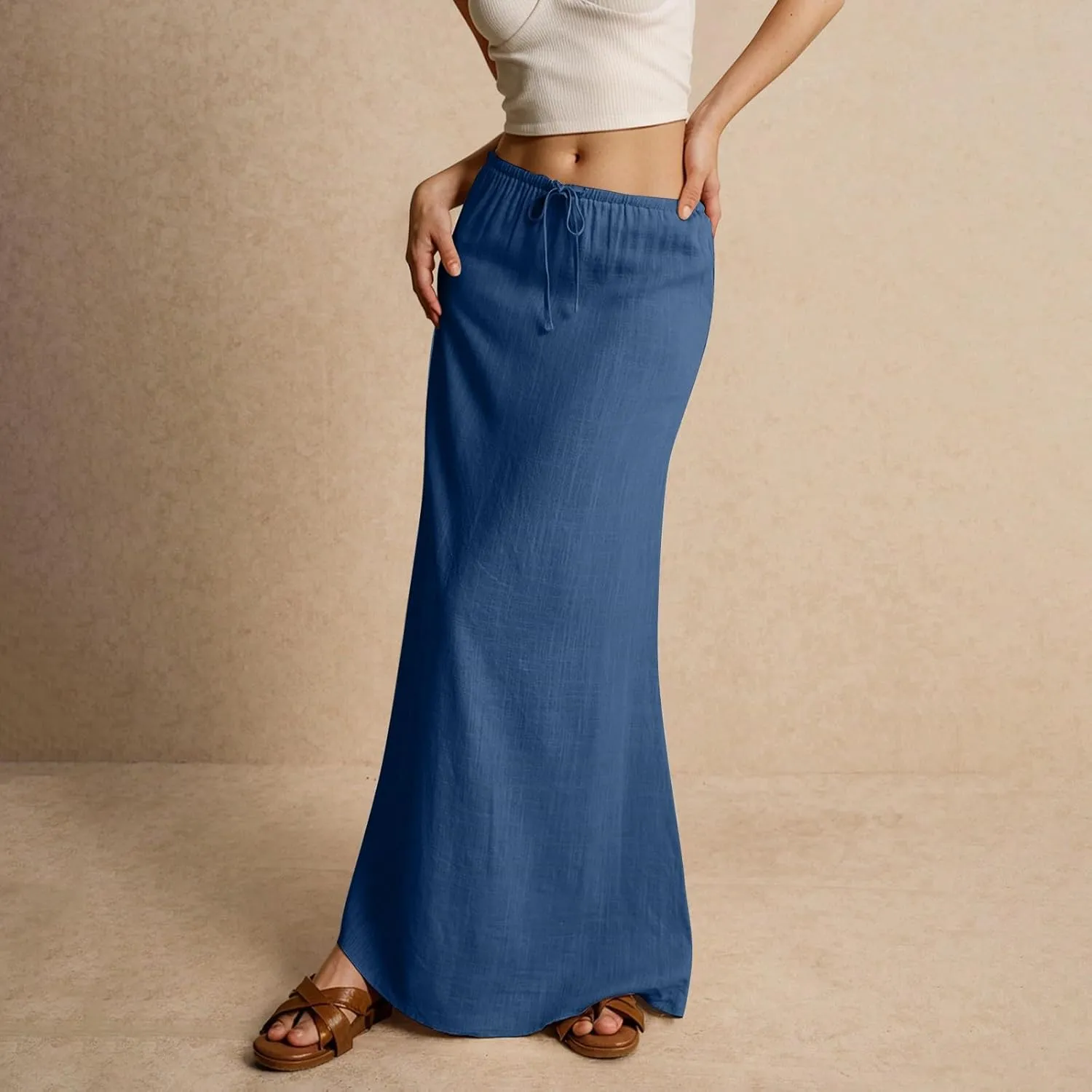 Women's Boho Skirts Linen Flared Maxi Skirt with Back Slit-Elastic Waist Drawstring Long Flowy Skirt, S-2XL