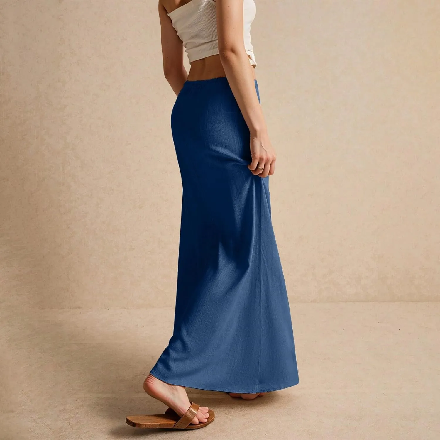 Women's Boho Skirts Linen Flared Maxi Skirt with Back Slit-Elastic Waist Drawstring Long Flowy Skirt, S-2XL