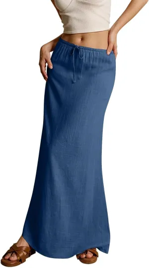 Women's Boho Skirts Linen Flared Maxi Skirt with Back Slit-Elastic Waist Drawstring Long Flowy Skirt, S-2XL