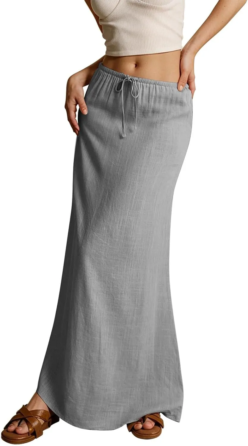 Women's Boho Skirts Linen Flared Maxi Skirt with Back Slit-Elastic Waist Drawstring Long Flowy Skirt, S-2XL