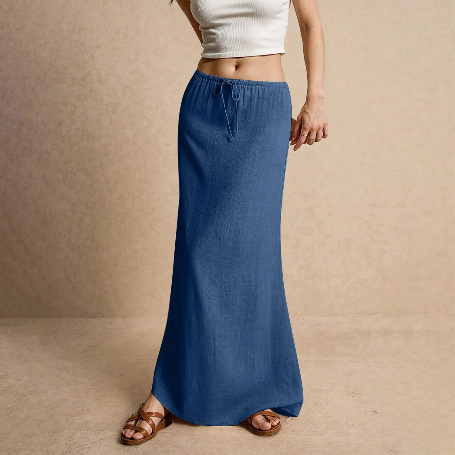 Women's Boho Skirts Linen Flared Maxi Skirt with Back Slit-Elastic Waist Drawstring Long Flowy Skirt, S-2XL