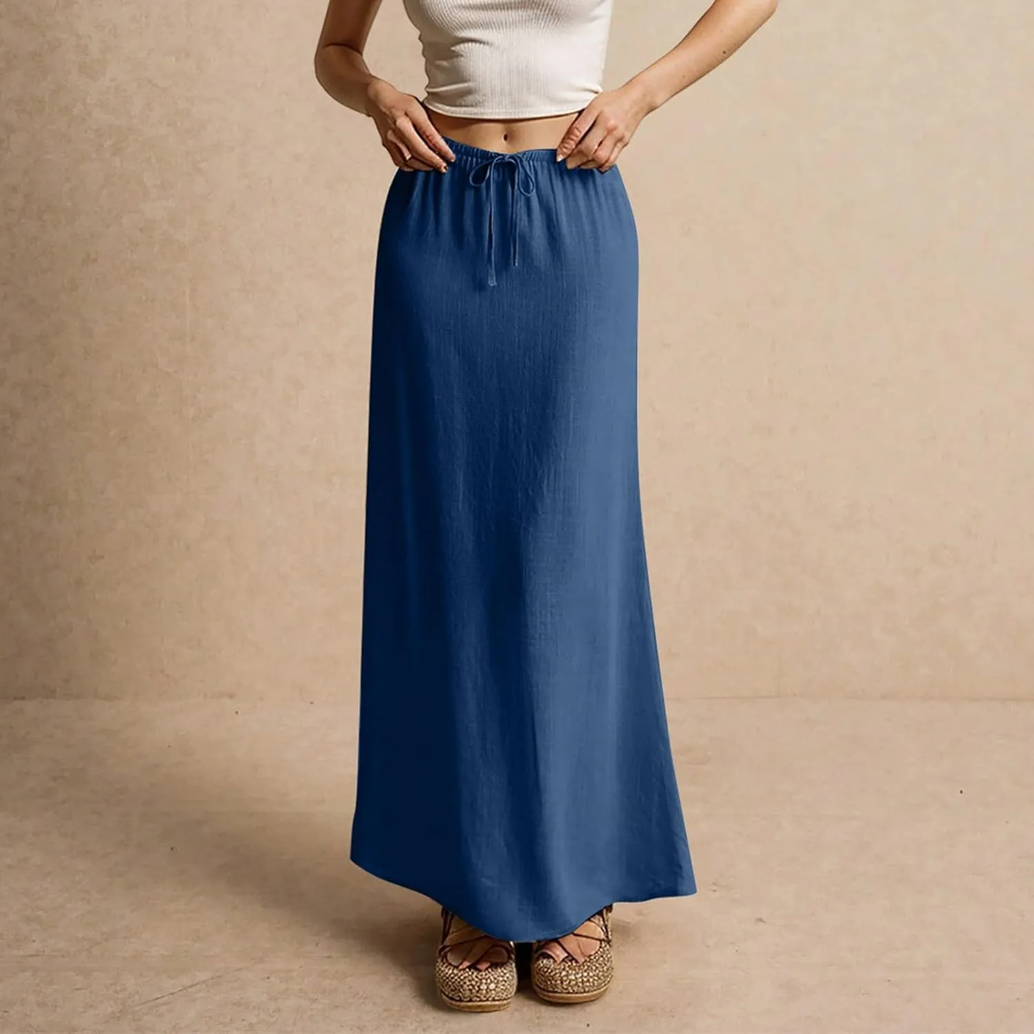 Women's Boho Skirts Linen Flared Maxi Skirt with Back Slit-Elastic Waist Drawstring Long Flowy Skirt, S-2XL