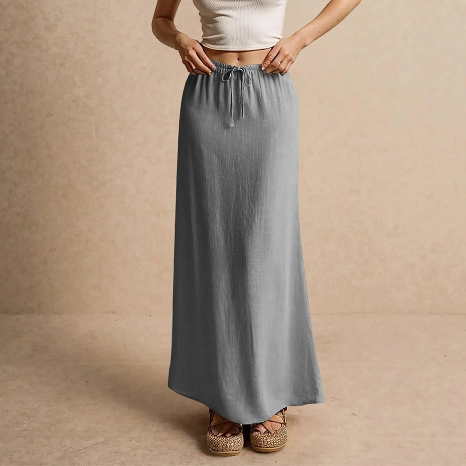 Women's Boho Skirts Linen Flared Maxi Skirt with Back Slit-Elastic Waist Drawstring Long Flowy Skirt, S-2XL