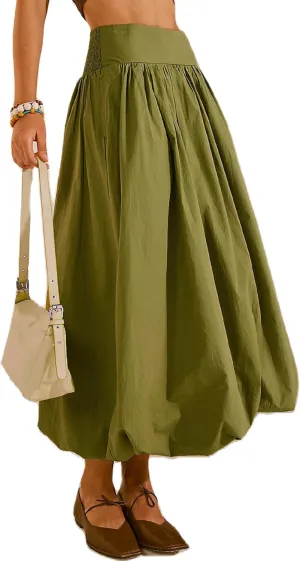 Women's Bubble Long Skirt Elastic Waist A-Line Pleated Ruffle Flowy Balloon Maxi Skirts with Pockets