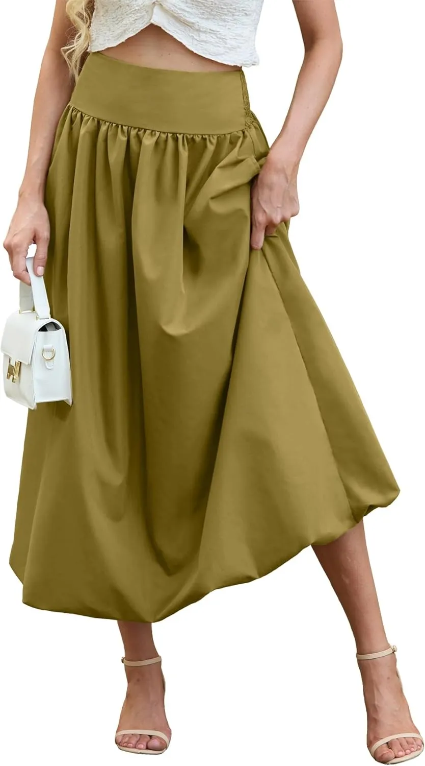 Women's Bubble Long Skirt Elastic Waist A-Line Pleated Ruffle Flowy Balloon Maxi Skirts with Pockets