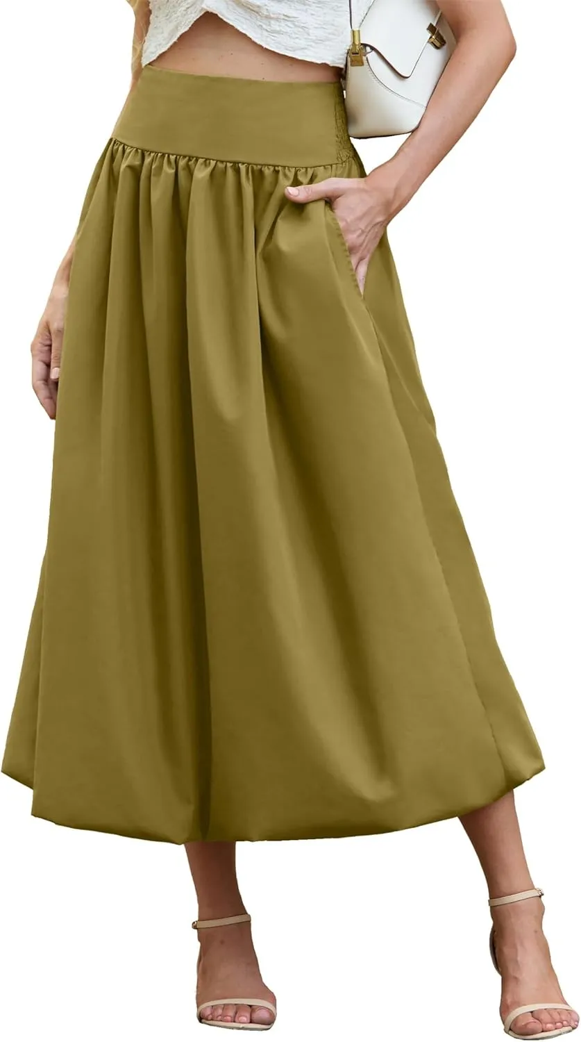 Women's Bubble Long Skirt Elastic Waist A-Line Pleated Ruffle Flowy Balloon Maxi Skirts with Pockets