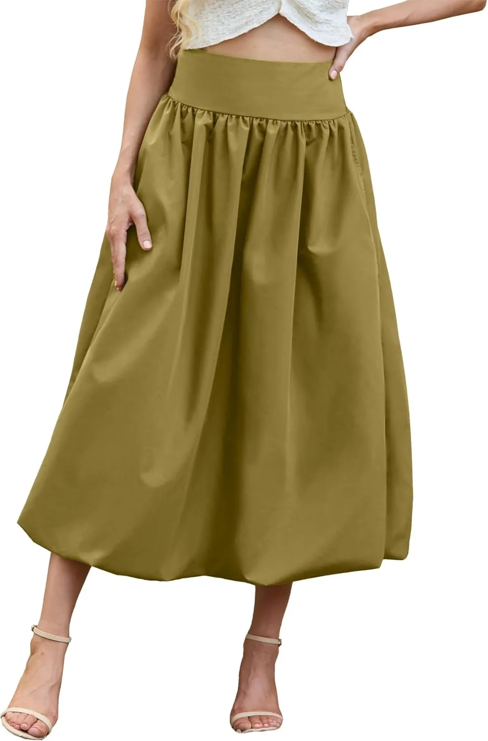 Women's Bubble Long Skirt Elastic Waist A-Line Pleated Ruffle Flowy Balloon Maxi Skirts with Pockets