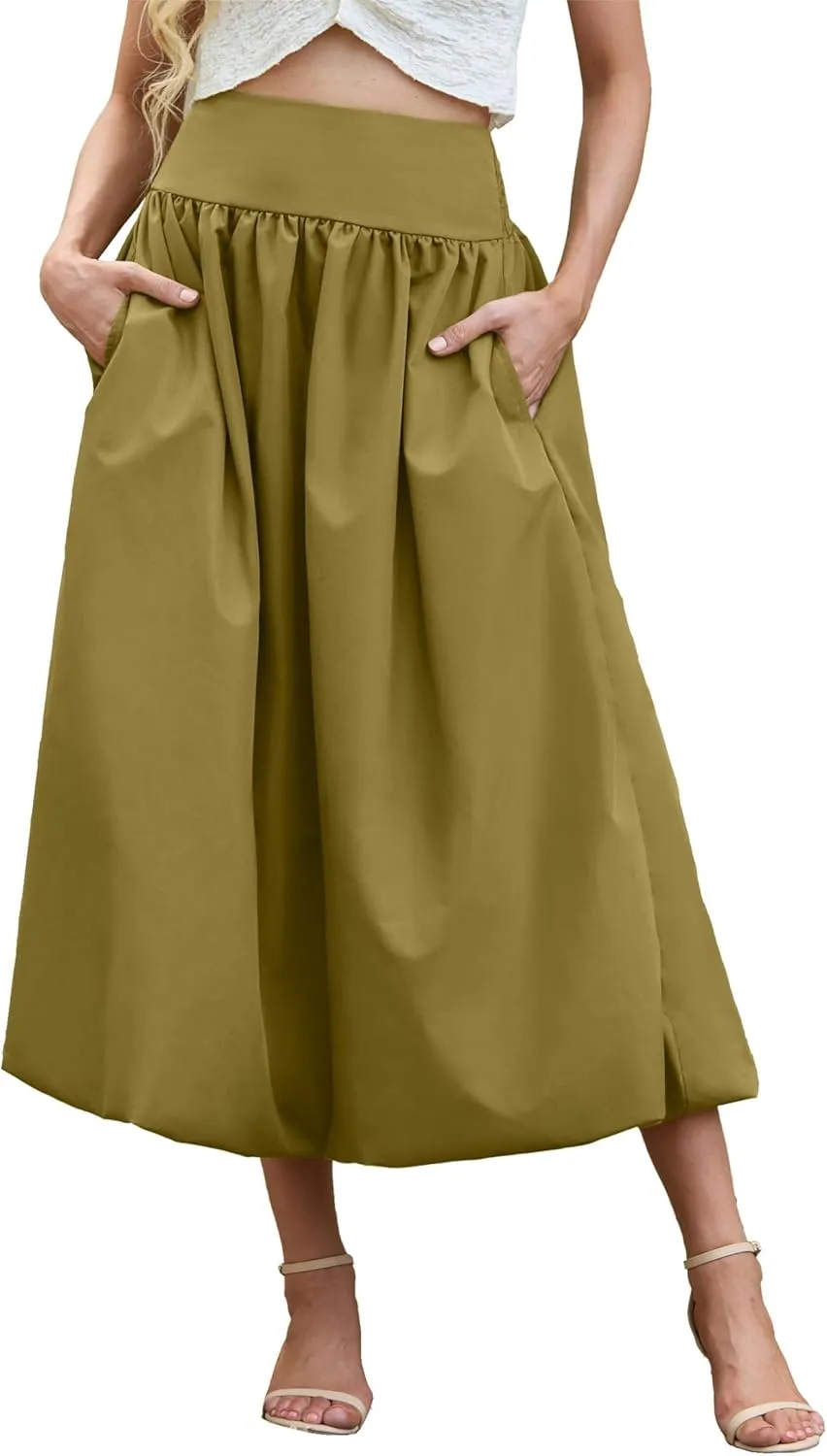 Women's Bubble Long Skirt Elastic Waist A-Line Pleated Ruffle Flowy Balloon Maxi Skirts with Pockets