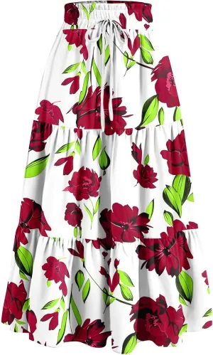 Women's Dresses Boho Floral Skirt Casual Elastic High Waist Maxi Skirts Flowy A Line Beach Long Skirt Dresses