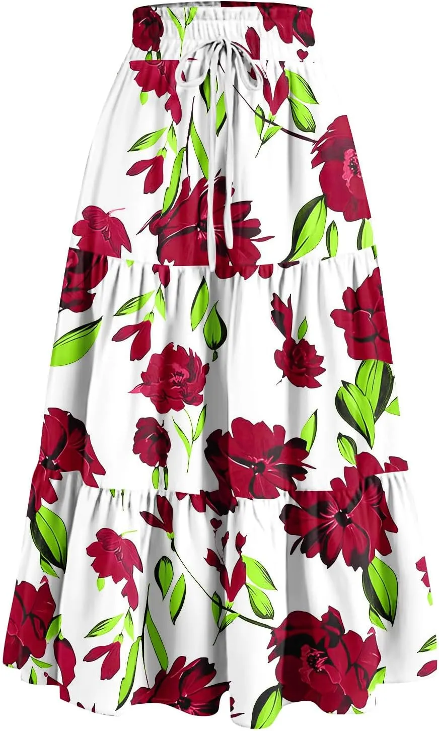Women's Dresses Boho Floral Skirt Casual Elastic High Waist Maxi Skirts Flowy A Line Beach Long Skirt Dresses