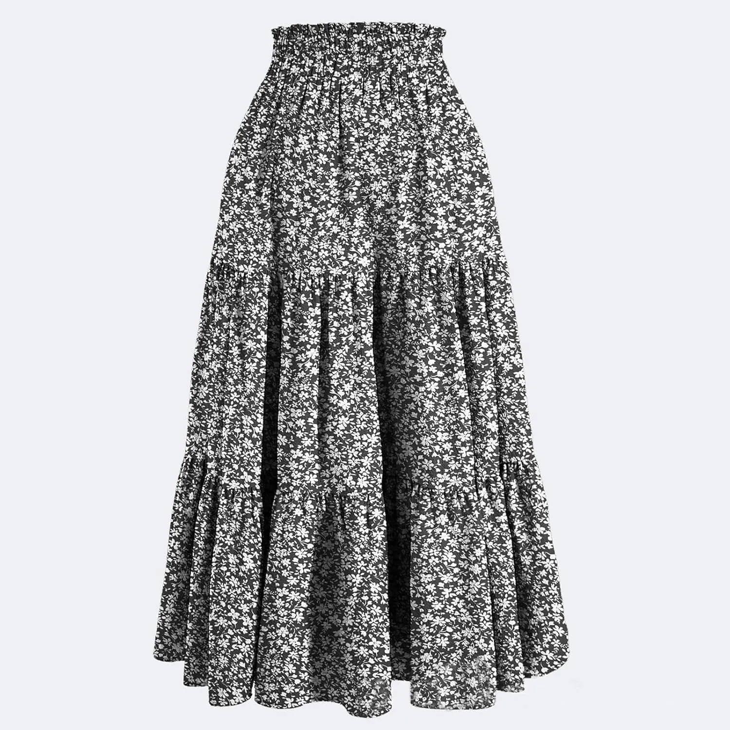Womens Elastic High Waist Midi Skirt Flowy Ruffle Tie Front A Line Skirts Casual Summer Trendy Floral Tiered Skirt