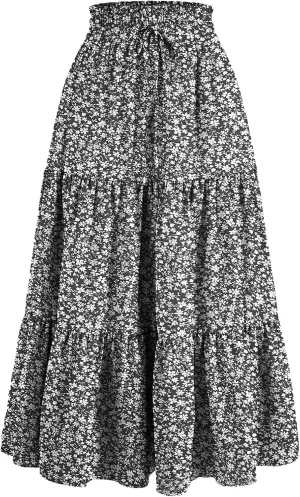 Womens Elastic High Waist Midi Skirt Flowy Ruffle Tie Front A Line Skirts Casual Summer Trendy Floral Tiered Skirt