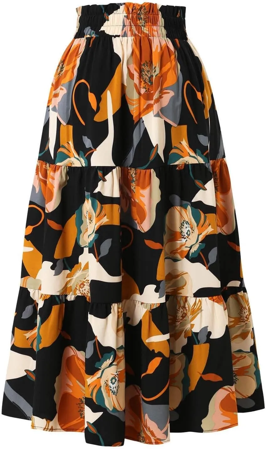 Women's Elastic High Waist Skirts Pleated Floral Print A-Line Midi Skirt Boho Casual Tiered Beach Vacation Party Skirt