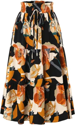 Women's Elastic High Waist Skirts Pleated Floral Print A-Line Midi Skirt Boho Casual Tiered Beach Vacation Party Skirt