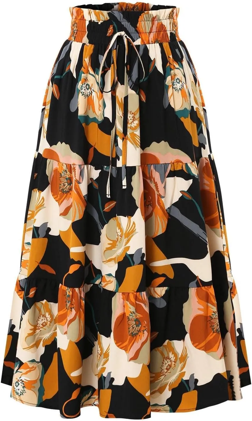 Women's Elastic High Waist Skirts Pleated Floral Print A-Line Midi Skirt Boho Casual Tiered Beach Vacation Party Skirt