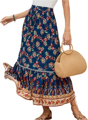 Women's Fashion Maxi Skirts Solid Color Beach High Waist Bohemian A-Line Layered Halter Flowy Skirt