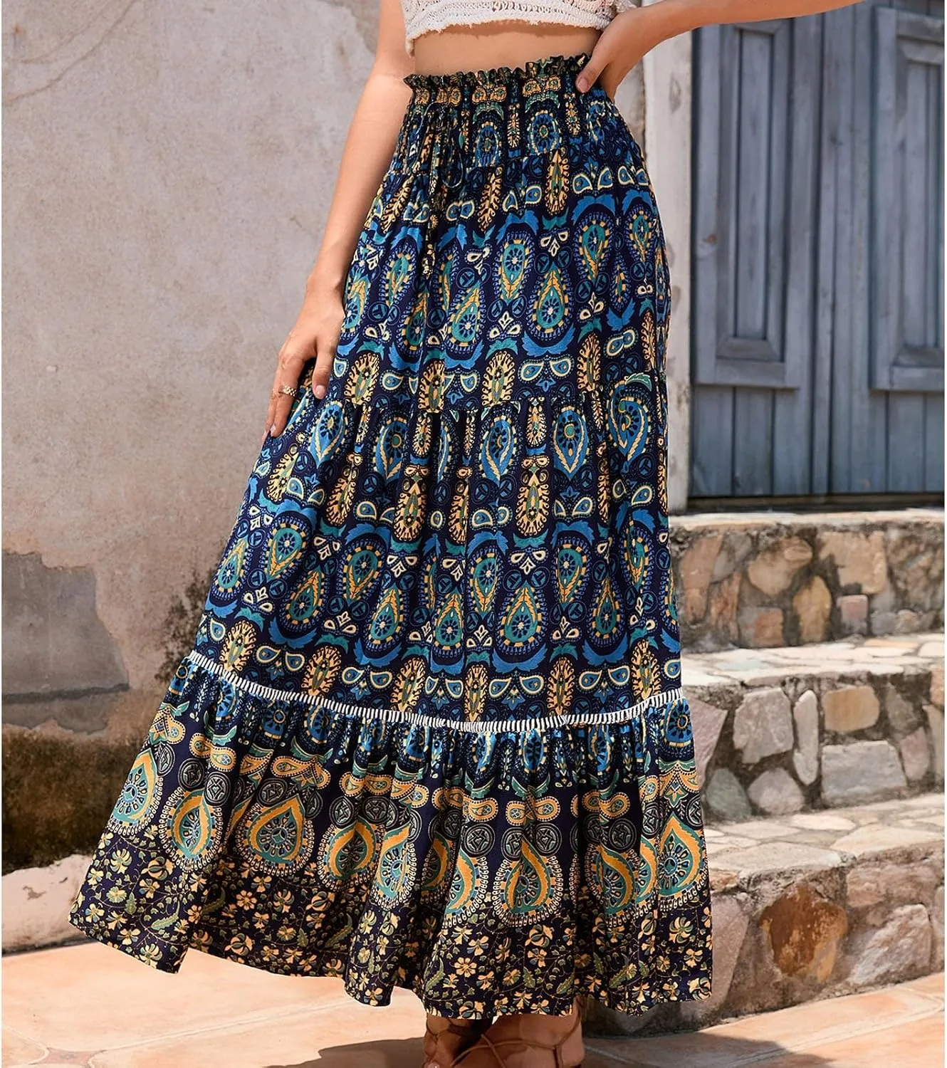 Women's Fashion Maxi Skirts Solid Color Beach High Waist Bohemian A-Line Layered Halter Flowy Skirt
