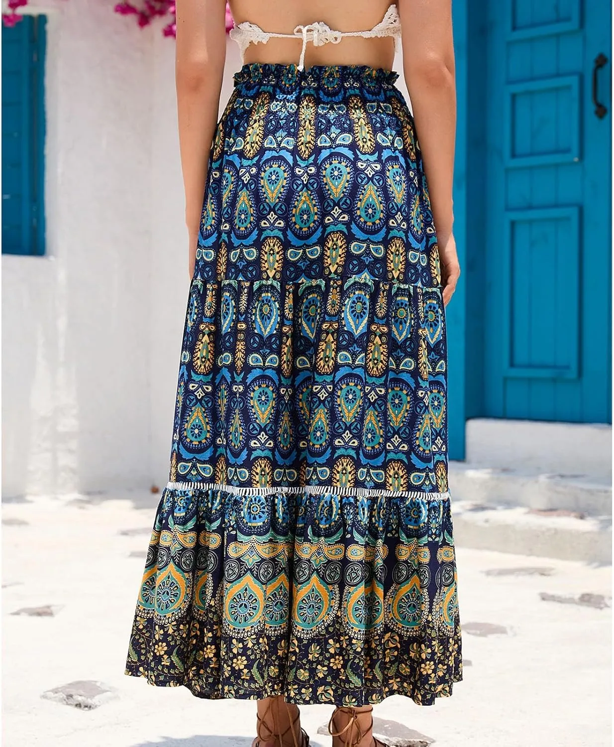 Women's Fashion Maxi Skirts Solid Color Beach High Waist Bohemian A-Line Layered Halter Flowy Skirt