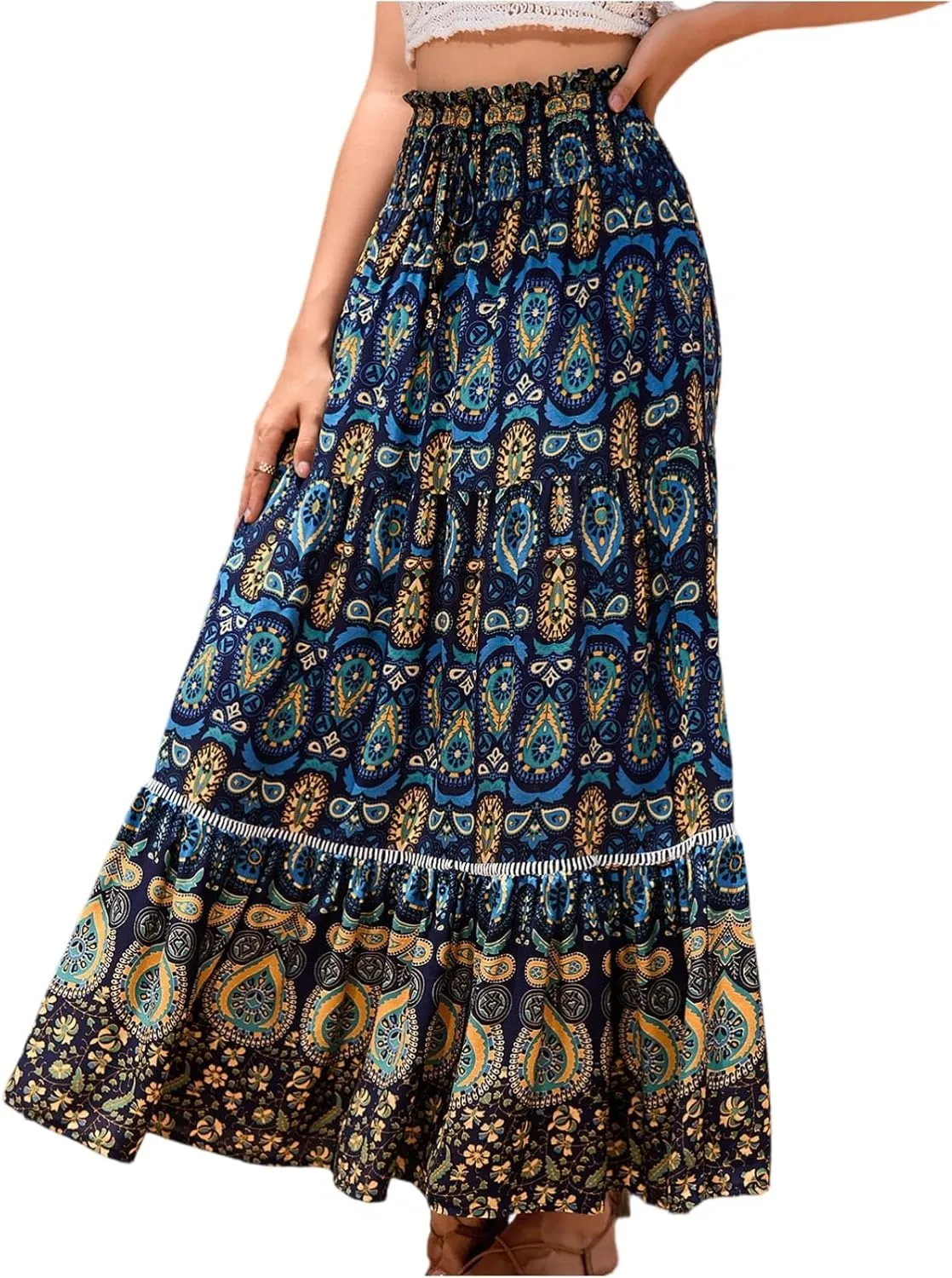 Women's Fashion Maxi Skirts Solid Color Beach High Waist Bohemian A-Line Layered Halter Flowy Skirt