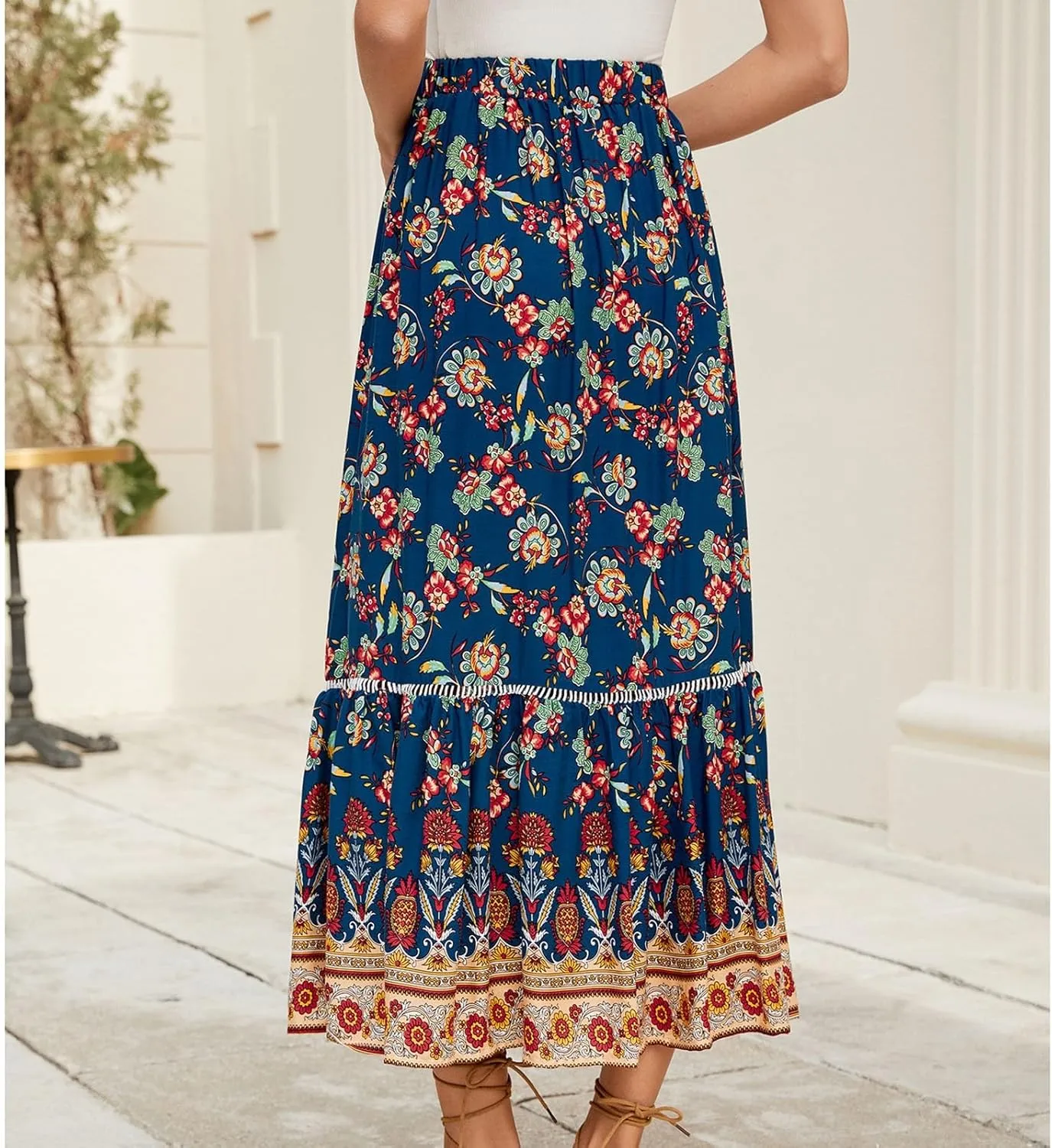 Women's Fashion Maxi Skirts Solid Color Beach High Waist Bohemian A-Line Layered Halter Flowy Skirt