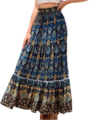 Women's Fashion Maxi Skirts Solid Color Beach High Waist Bohemian A-Line Layered Halter Flowy Skirt