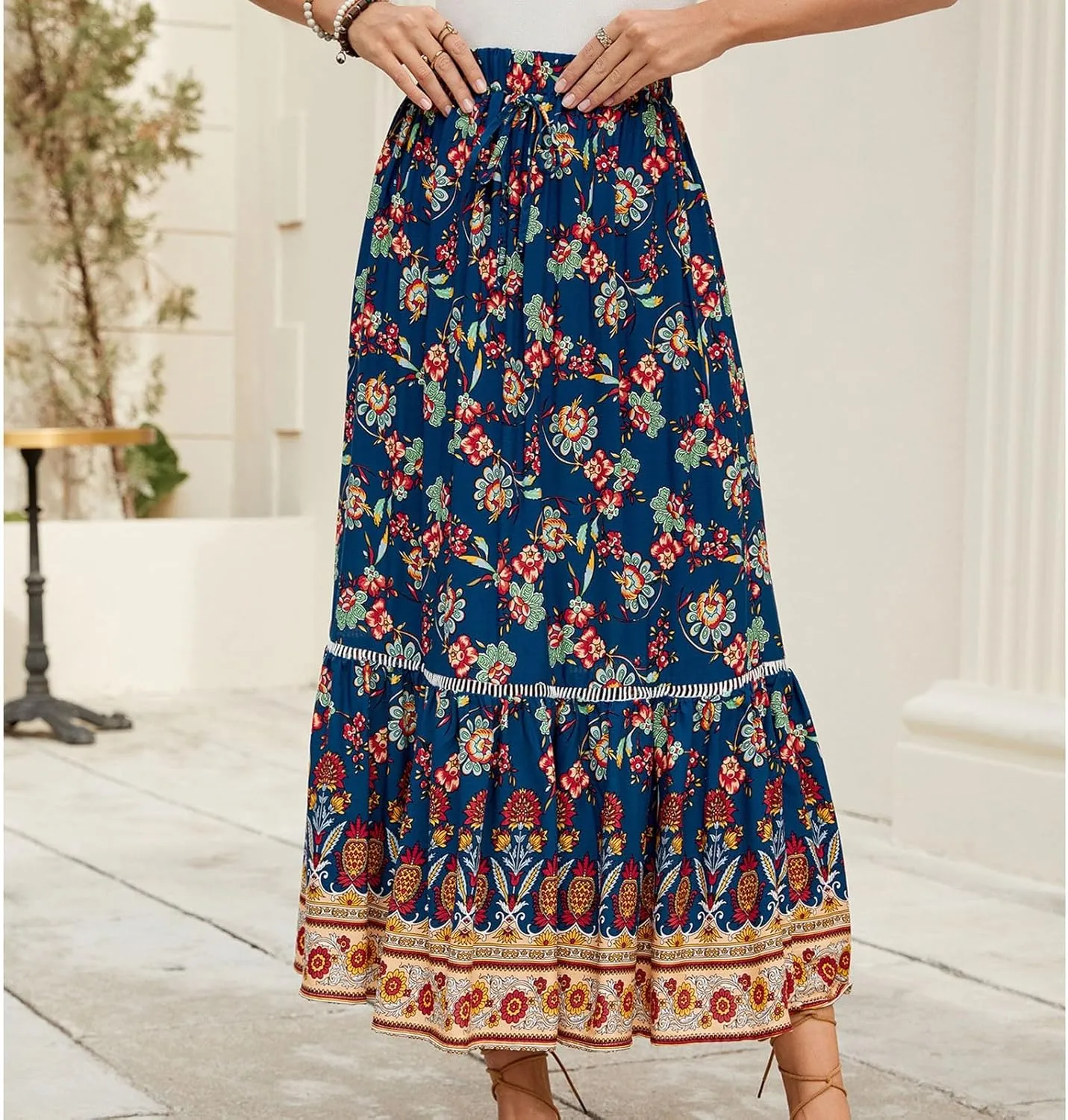 Women's Fashion Maxi Skirts Solid Color Beach High Waist Bohemian A-Line Layered Halter Flowy Skirt