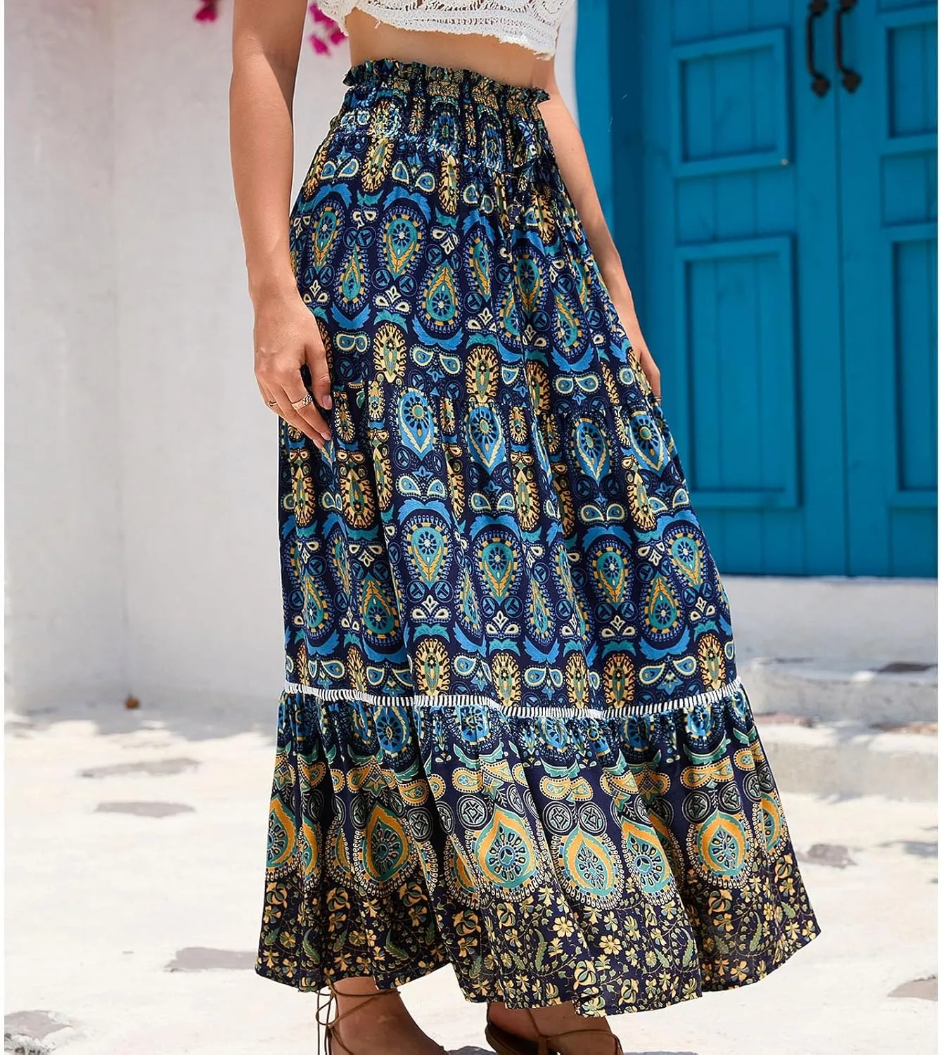 Women's Fashion Maxi Skirts Solid Color Beach High Waist Bohemian A-Line Layered Halter Flowy Skirt