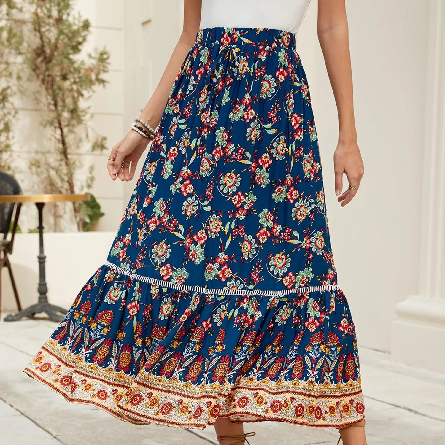 Women's Fashion Maxi Skirts Solid Color Beach High Waist Bohemian A-Line Layered Halter Flowy Skirt