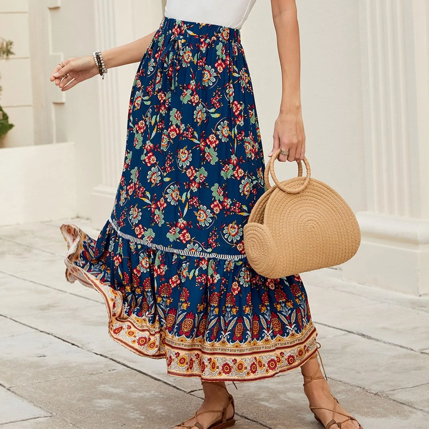 Women's Fashion Maxi Skirts Solid Color Beach High Waist Bohemian A-Line Layered Halter Flowy Skirt