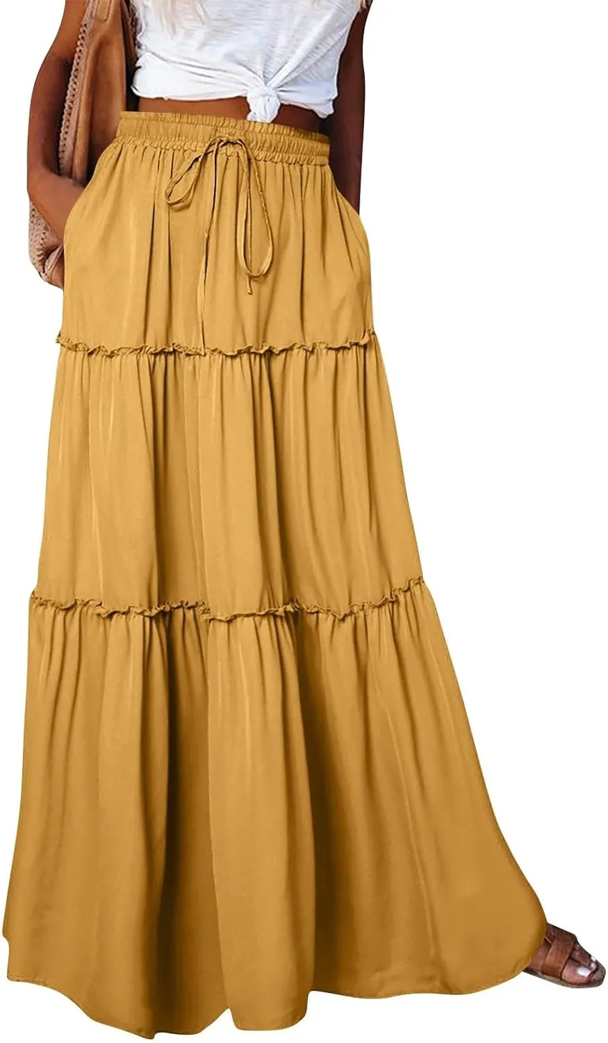 Women's Floral Print Midi Skirts 2025 Summer Aline Elastic High Waist Pleated Flowy Long Skirt Pockets Cute Skirts